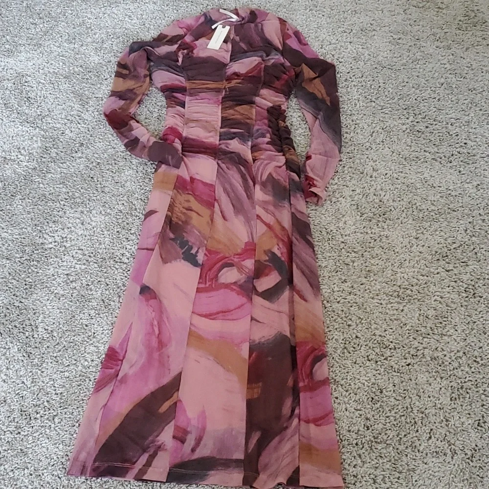Anthropologie Printed Floral pink pull on Mesh sneath Midi Dress long sleeve XS - Picture 7 of 11